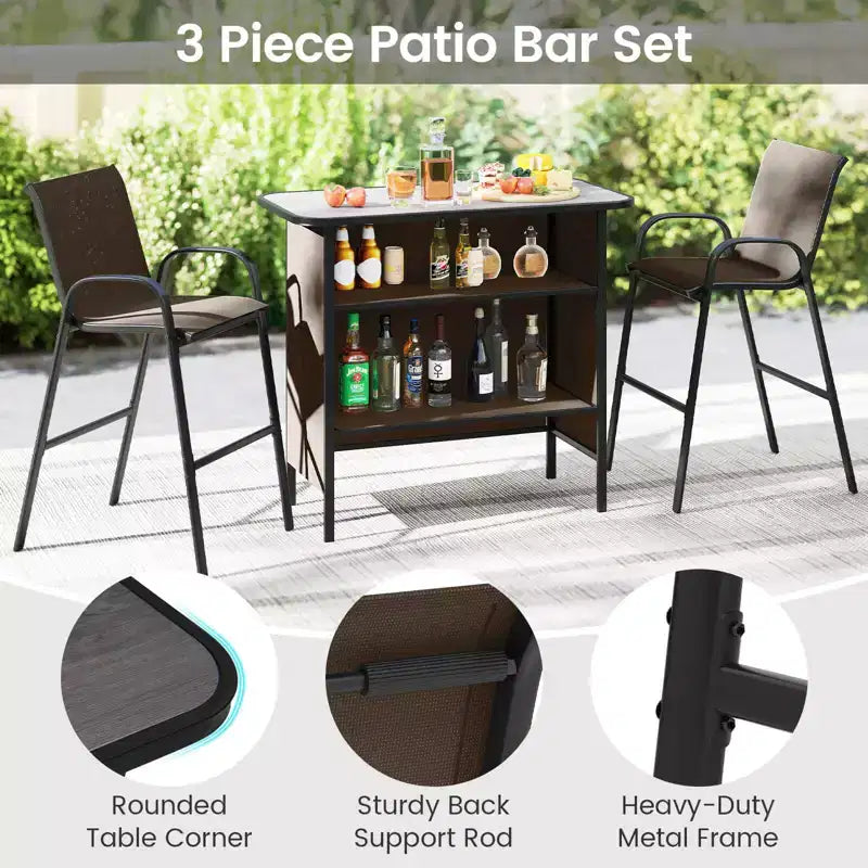 Set da Bar per Esterni Costway 3 Pezzi Tavolo e Poltrone Altezza Bar con Poggiapiedi Ripiano a 2 Livelli Marrone/Nero/Grigio