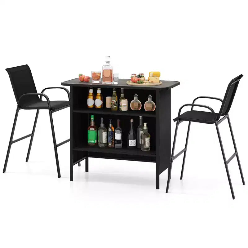 Set da Bar per Esterni Costway 3 Pezzi Tavolo e Poltrone Altezza Bar con Poggiapiedi Ripiano a 2 Livelli Marrone/Nero/Grigio