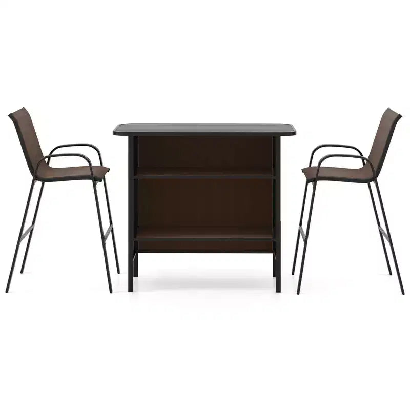 Set da Bar per Esterni Costway 3 Pezzi Tavolo e Poltrone Altezza Bar con Poggiapiedi Ripiano a 2 Livelli Marrone/Nero/Grigio