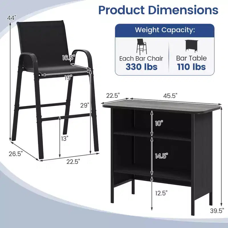 Set da Bar per Esterni Costway 3 Pezzi Tavolo e Poltrone Altezza Bar con Poggiapiedi Ripiano a 2 Livelli Marrone/Nero/Grigio