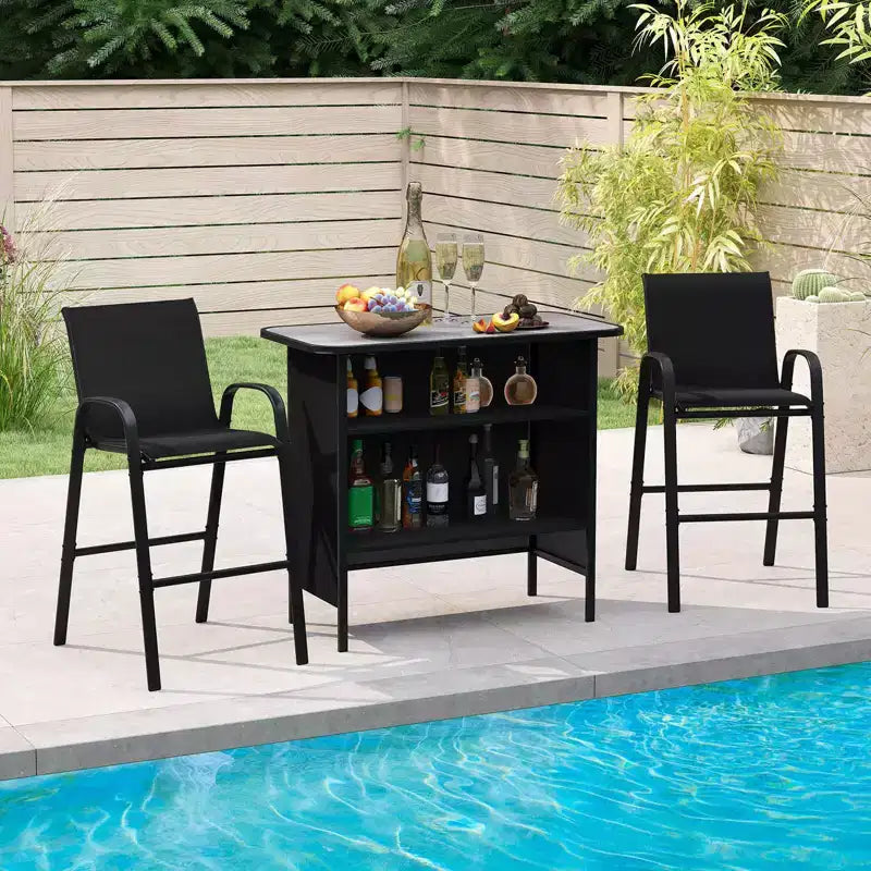 Set da Bar per Esterni Costway 3 Pezzi Tavolo e Poltrone Altezza Bar con Poggiapiedi Ripiano a 2 Livelli Marrone/Nero/Grigio