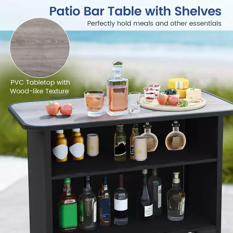 Set da Bar per Esterni Costway 3 Pezzi Tavolo e Poltrone Altezza Bar con Poggiapiedi Ripiano a 2 Livelli Marrone/Nero/Grigio