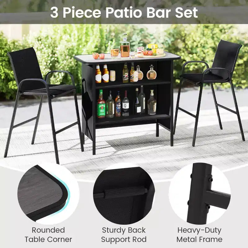 Set da Bar per Esterni Costway 3 Pezzi Tavolo e Poltrone Altezza Bar con Poggiapiedi Ripiano a 2 Livelli Marrone/Nero/Grigio