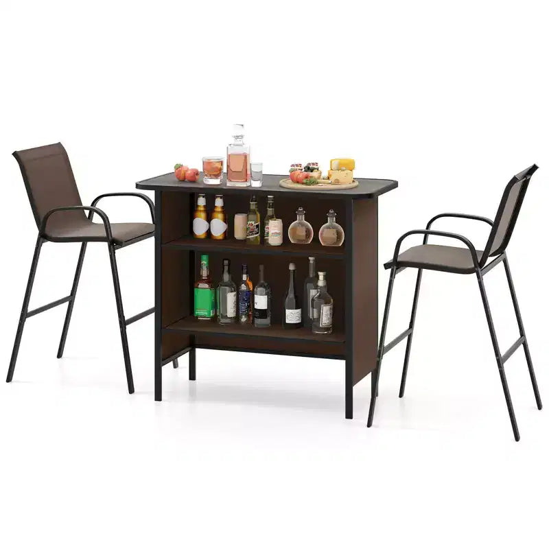 Set da Bar per Esterni Costway 3 Pezzi Tavolo e Poltrone Altezza Bar con Poggiapiedi Ripiano a 2 Livelli Marrone/Nero/Grigio