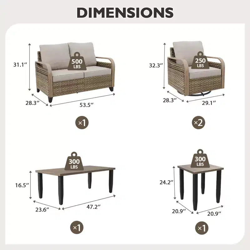Set da conversazione per patio esterno in vimini EAGLE PEAK, 2 poltrone girevoli a dondolo, divanetto a 2 posti, tavolino da caffè e tavolino laterale, 5 pezzi