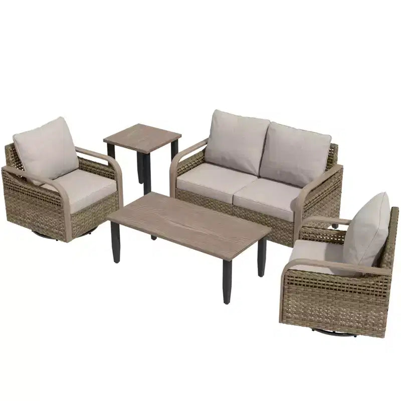 Set da conversazione per patio esterno in vimini EAGLE PEAK, 2 poltrone girevoli a dondolo, divanetto a 2 posti, tavolino da caffè e tavolino laterale, 5 pezzi