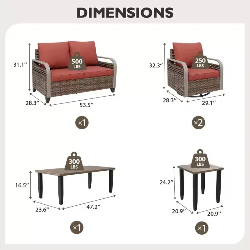Set da conversazione per patio esterno in vimini EAGLE PEAK, 2 poltrone girevoli a dondolo, divanetto a 2 posti, tavolino da caffè e tavolino laterale, 5 pezzi