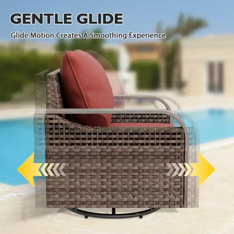 Set da conversazione per patio esterno in vimini EAGLE PEAK, 2 poltrone girevoli a dondolo, divanetto a 2 posti, tavolino da caffè e tavolino laterale, 5 pezzi
