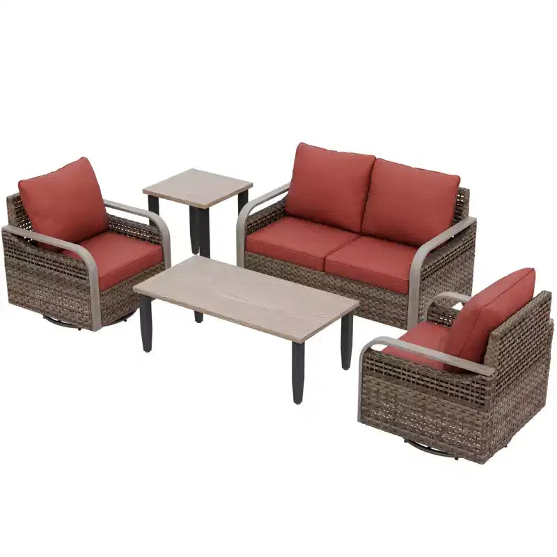 Set da conversazione per patio esterno in vimini EAGLE PEAK, 2 poltrone girevoli a dondolo, divanetto a 2 posti, tavolino da caffè e tavolino laterale, 5 pezzi