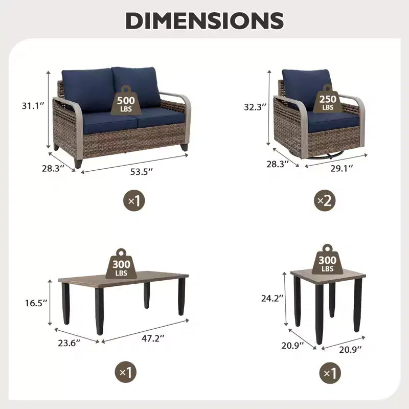 Set da conversazione per patio esterno in vimini EAGLE PEAK, 2 poltrone girevoli a dondolo, divanetto a 2 posti, tavolino da caffè e tavolino laterale, 5 pezzi