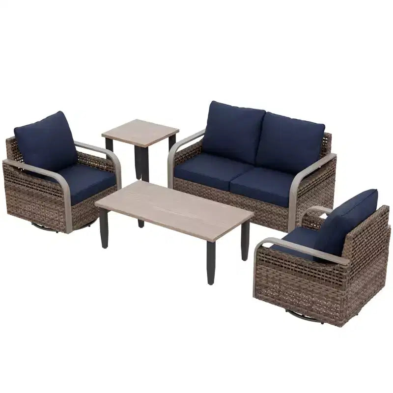 Set da conversazione per patio esterno in vimini EAGLE PEAK, 2 poltrone girevoli a dondolo, divanetto a 2 posti, tavolino da caffè e tavolino laterale, 5 pezzi