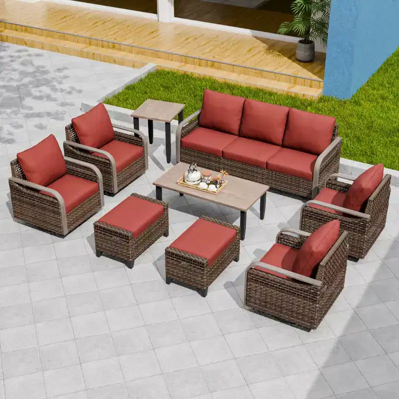 EAGLE PEAK Salotto da Esterno in Rattan per Patio, 4 Poltrone Girevoli a Dondolo, Divanetto a 3 Posti, 2 Poggiapiedi, Tavolino, 9 Pezzi