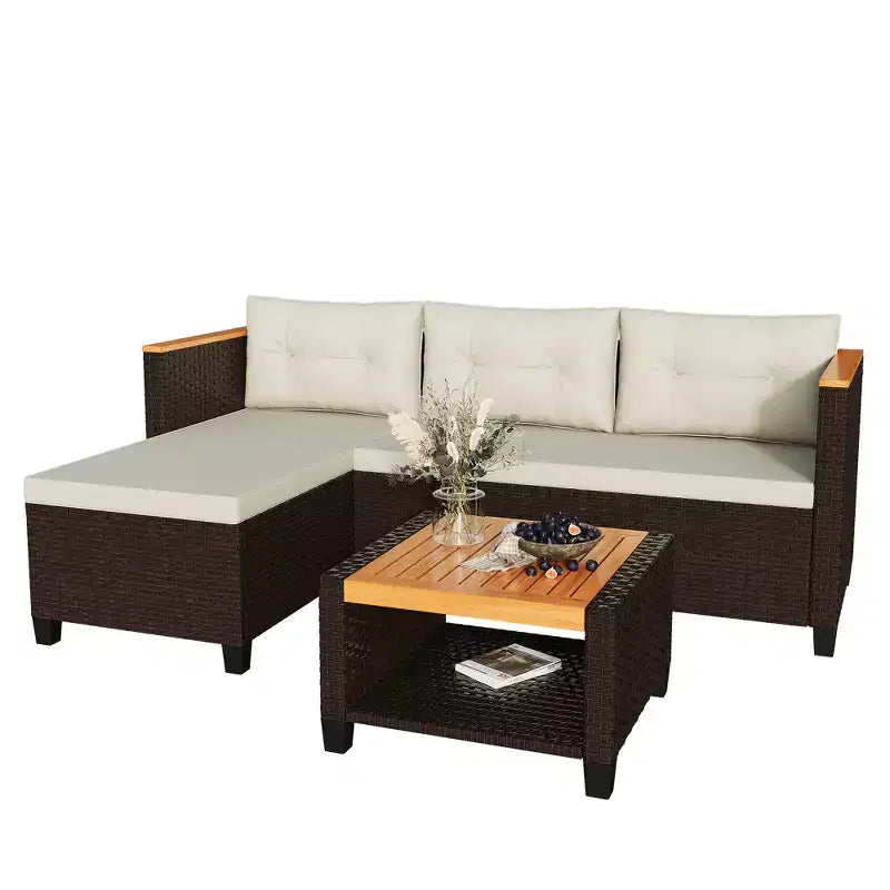 Set di mobili da giardino Heynemo a 4 posti, set da esterno in rattan PE resistente alle intemperie con tavolo contenitore, divano da esterno a L con cuscini