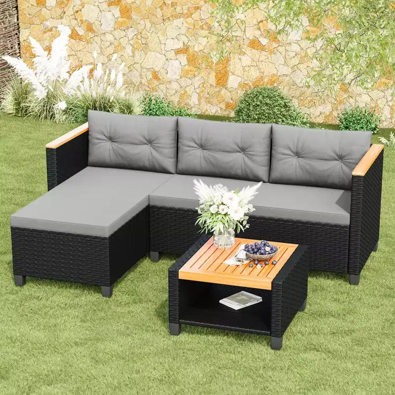 Set di mobili da giardino Heynemo a 4 posti, set da esterno in rattan PE resistente alle intemperie con tavolo contenitore, divano da esterno a L con cuscini