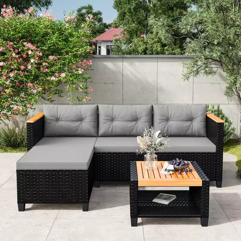 Set di mobili da giardino Heynemo a 4 posti, set da esterno in rattan PE resistente alle intemperie con tavolo contenitore, divano da esterno a L con cuscini