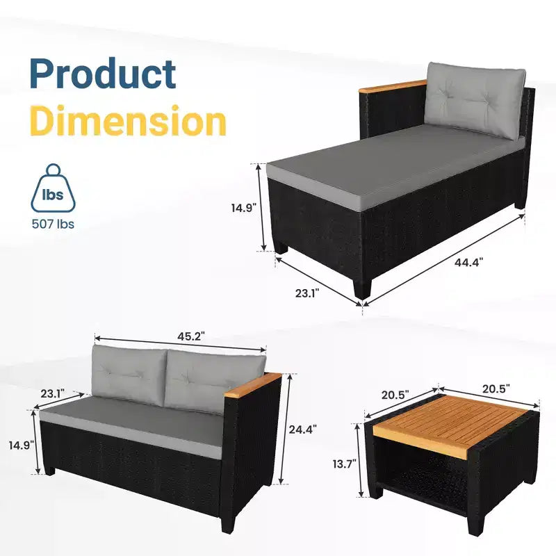 Set di mobili da giardino Heynemo a 4 posti, set da esterno in rattan PE resistente alle intemperie con tavolo contenitore, divano da esterno a L con cuscini