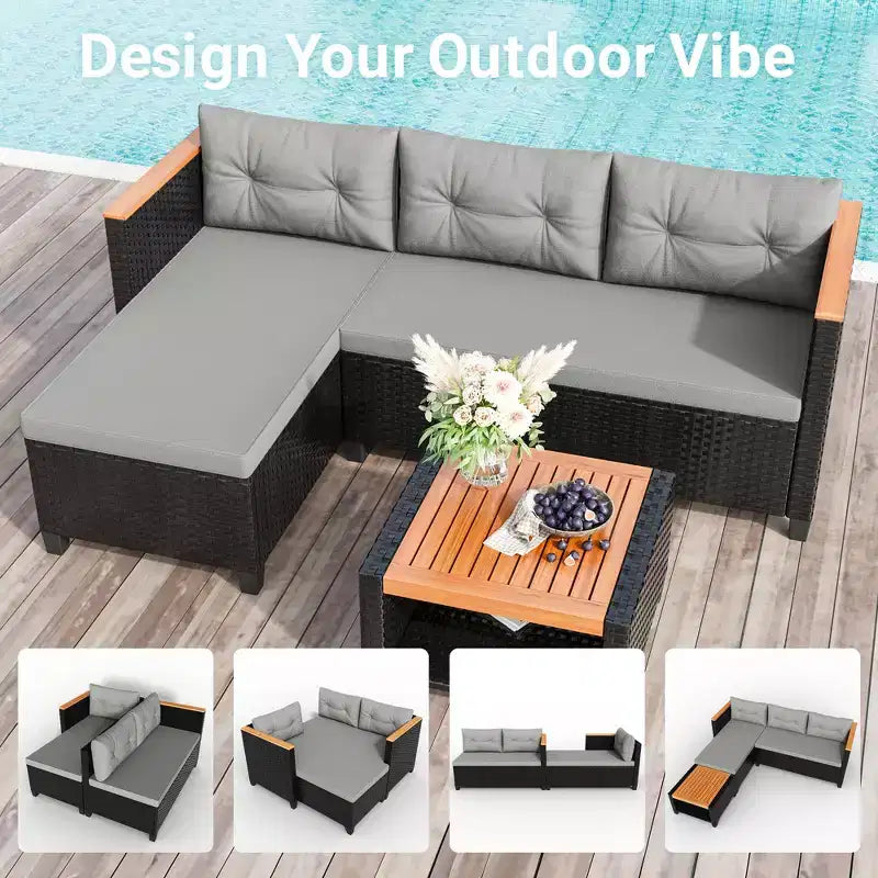Set di mobili da giardino Heynemo a 4 posti, set da esterno in rattan PE resistente alle intemperie con tavolo contenitore, divano da esterno a L con cuscini
