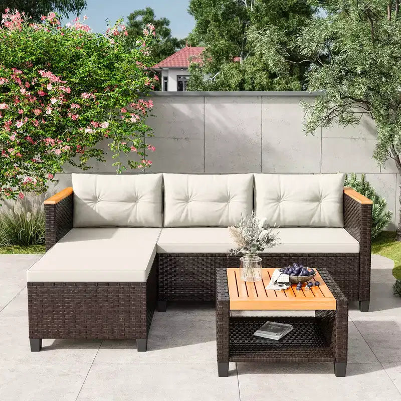 Set di mobili da giardino Heynemo a 4 posti, set da esterno in rattan PE resistente alle intemperie con tavolo contenitore, divano da esterno a L con cuscini
