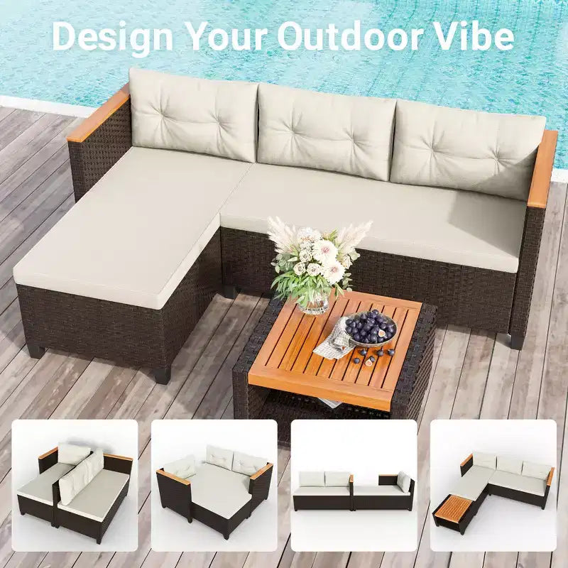 Set di mobili da giardino Heynemo a 4 posti, set da esterno in rattan PE resistente alle intemperie con tavolo contenitore, divano da esterno a L con cuscini