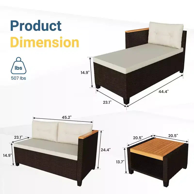 Set di mobili da giardino Heynemo a 4 posti, set da esterno in rattan PE resistente alle intemperie con tavolo contenitore, divano da esterno a L con cuscini