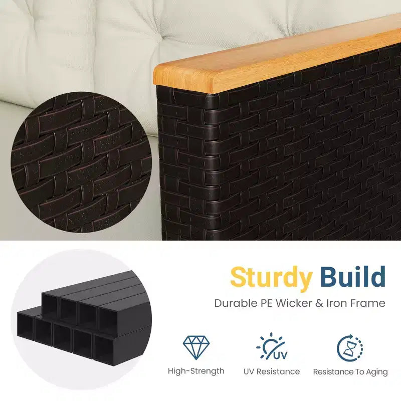 Set di mobili da giardino Heynemo a 4 posti, set da esterno in rattan PE resistente alle intemperie con tavolo contenitore, divano da esterno a L con cuscini