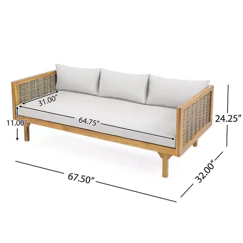 Set mobili da giardino 2 pezzi con divano a 3 posti in rattan grigio lungo 67,5 e tavolo rotondo in legno di acacia da 31,5