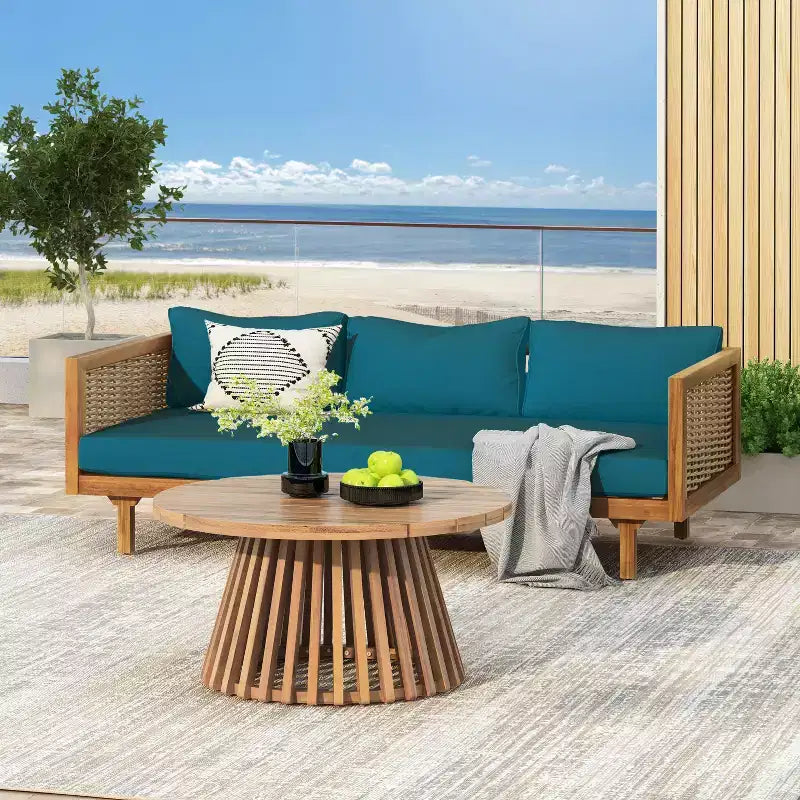Set mobili da giardino 2 pezzi con divano a 3 posti in rattan grigio lungo 67,5 e tavolo rotondo in legno di acacia da 31,5
