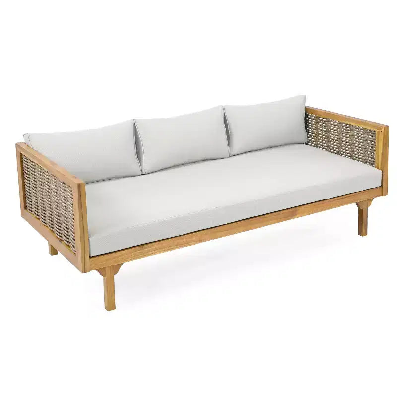 Set mobili da giardino 2 pezzi con divano a 3 posti in rattan grigio lungo 67,5 e tavolo rotondo in legno di acacia da 31,5