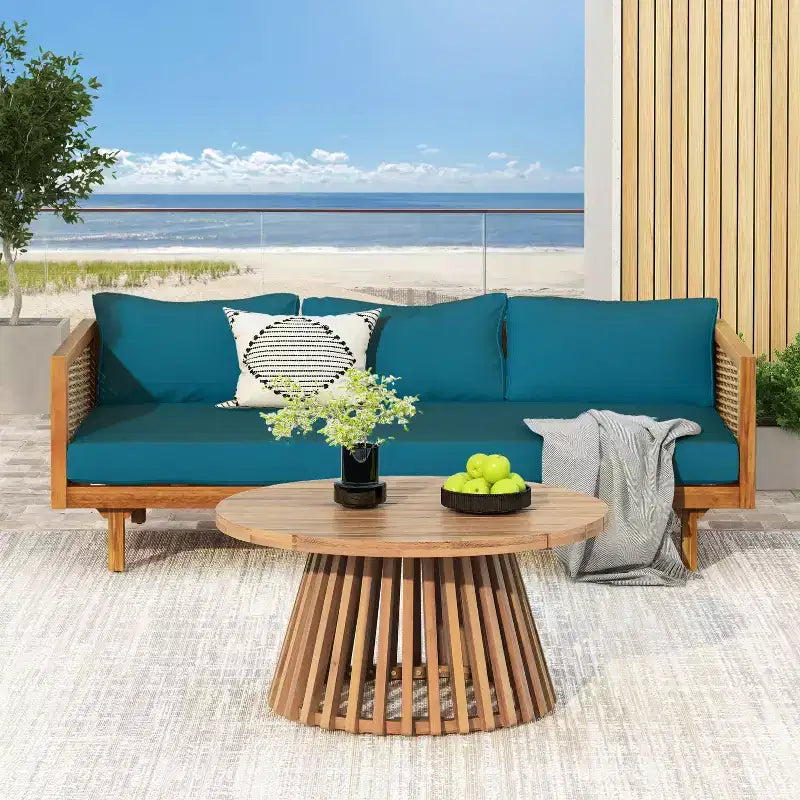 Set mobili da giardino 2 pezzi con divano a 3 posti in rattan grigio lungo 67,5 e tavolo rotondo in legno di acacia da 31,5