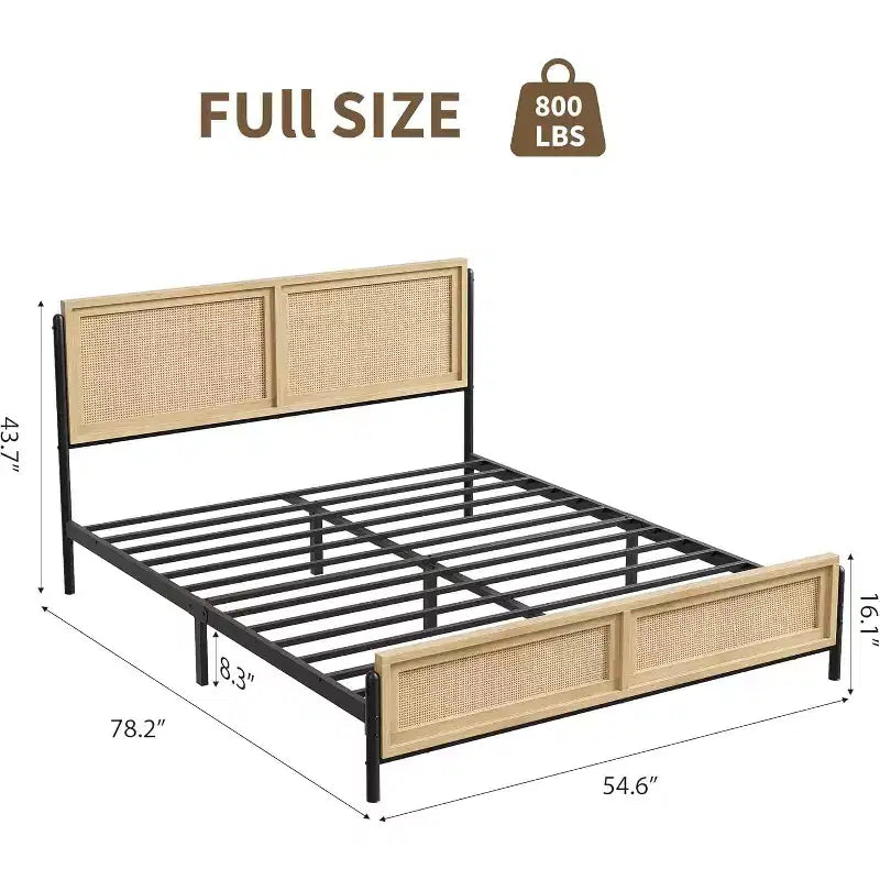 Struttura letto in rattan boho colore legno con testiera e pediera, piazza e mezza/matrimoniale, 1-2 persone