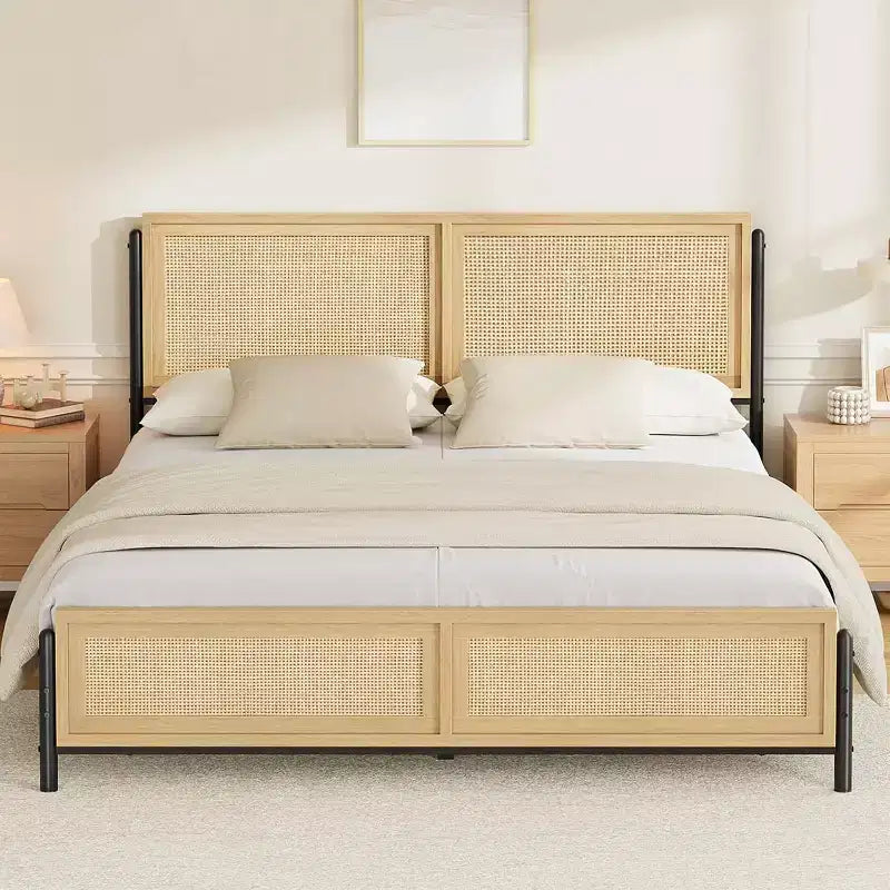 Struttura letto in rattan boho colore legno con testiera e pediera, piazza e mezza/matrimoniale, 1-2 persone
