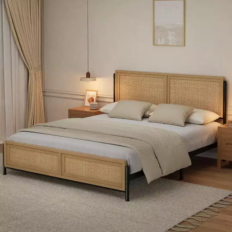 Struttura letto in rattan boho colore legno con testiera e pediera, piazza e mezza/matrimoniale, 1-2 persone