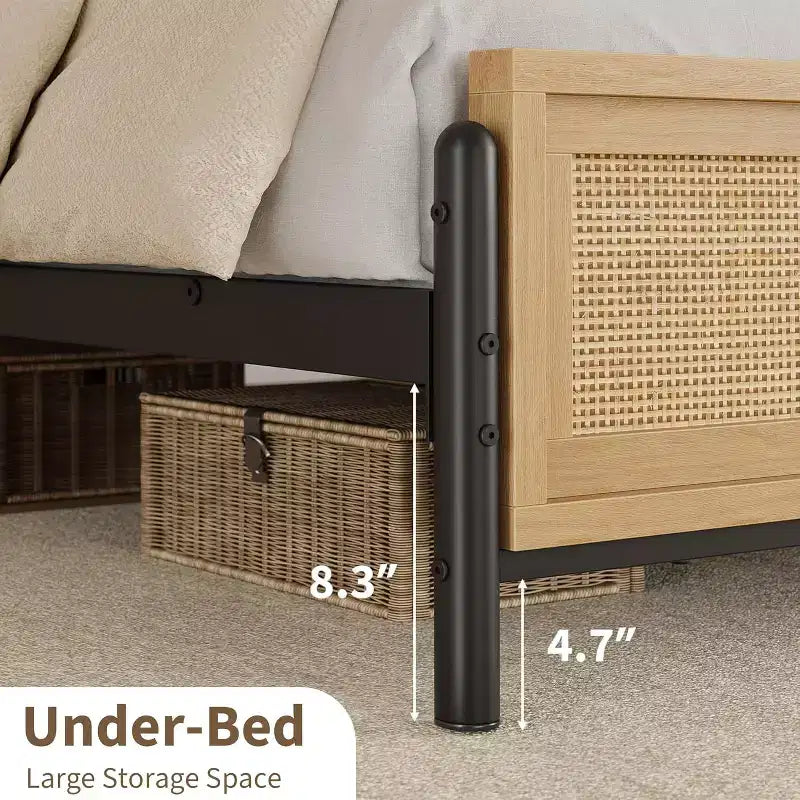 Struttura letto in rattan boho colore legno con testiera e pediera, piazza e mezza/matrimoniale, 1-2 persone