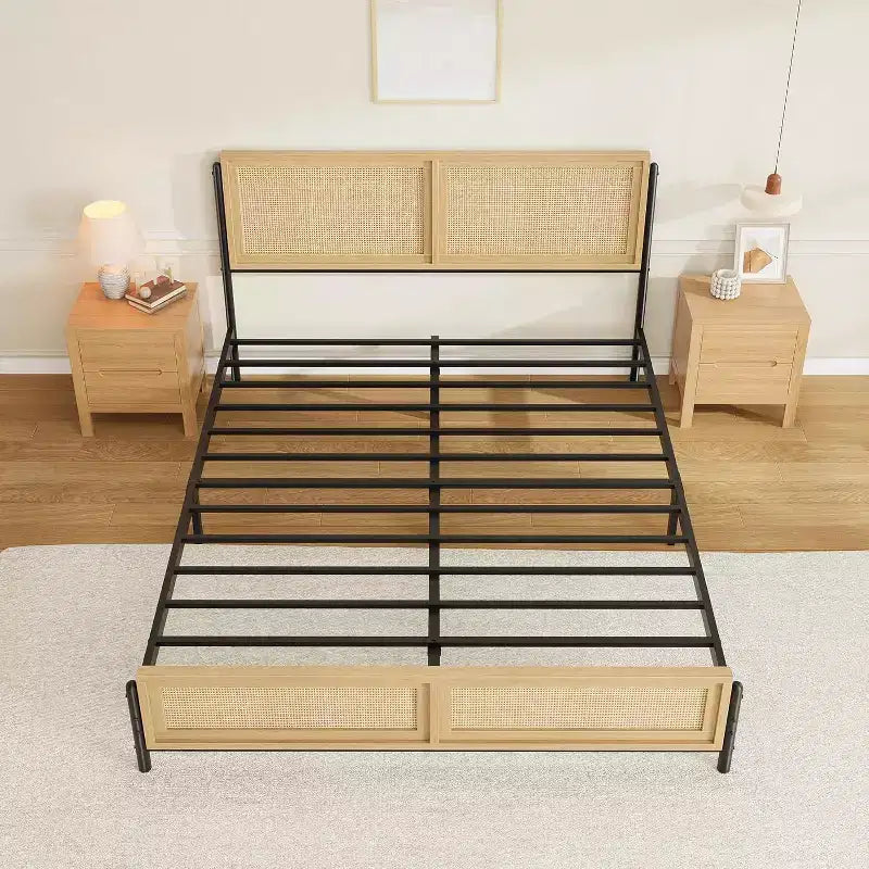 Struttura letto in rattan boho colore legno con testiera e pediera, piazza e mezza/matrimoniale, 1-2 persone