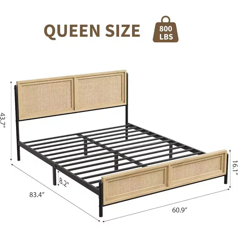 Struttura letto in rattan boho colore legno con testiera e pediera, piazza e mezza/matrimoniale, 1-2 persone