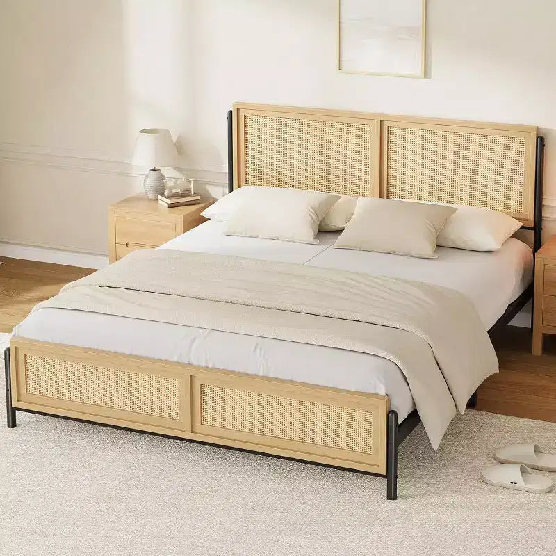 Boho Rattan Bed Frame with Headboard & Footboard, Wooden Slat Support, No Box Spring Needed