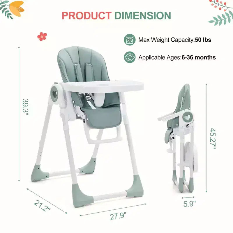 Seggiolone pieghevole per bambini, Champagne/Verde/Grigio, 5 posizioni reclinabili e 7 altezze regolabili, per 1 bambino