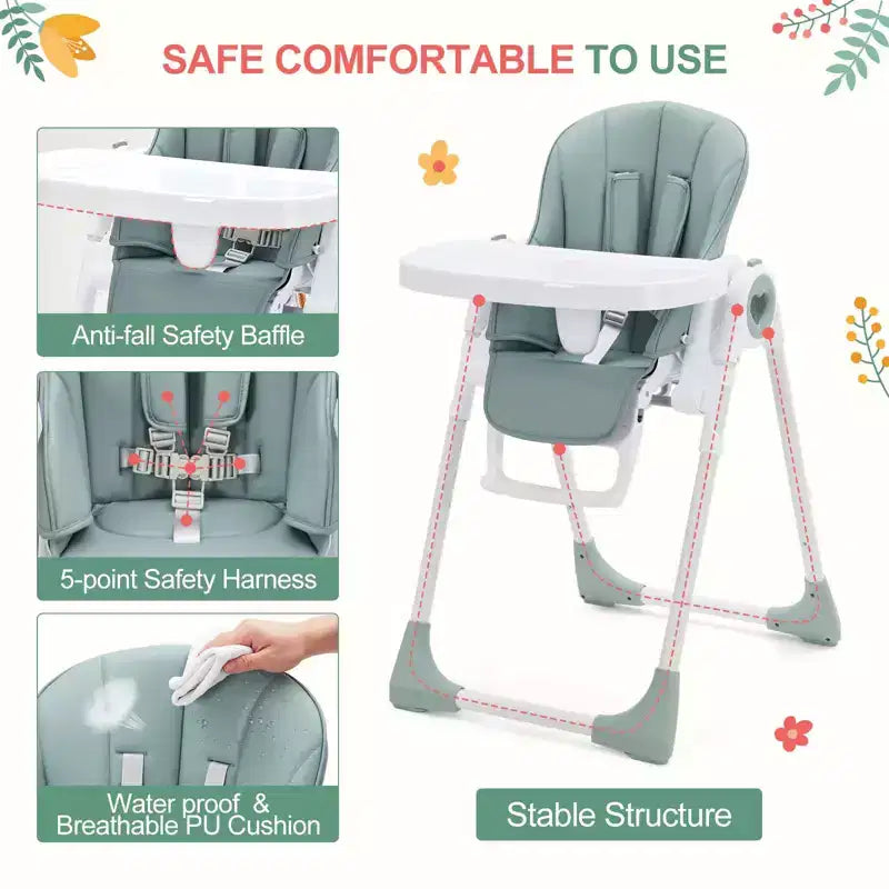 Seggiolone pieghevole per bambini, Champagne/Verde/Grigio, 5 posizioni reclinabili e 7 altezze regolabili, per 1 bambino