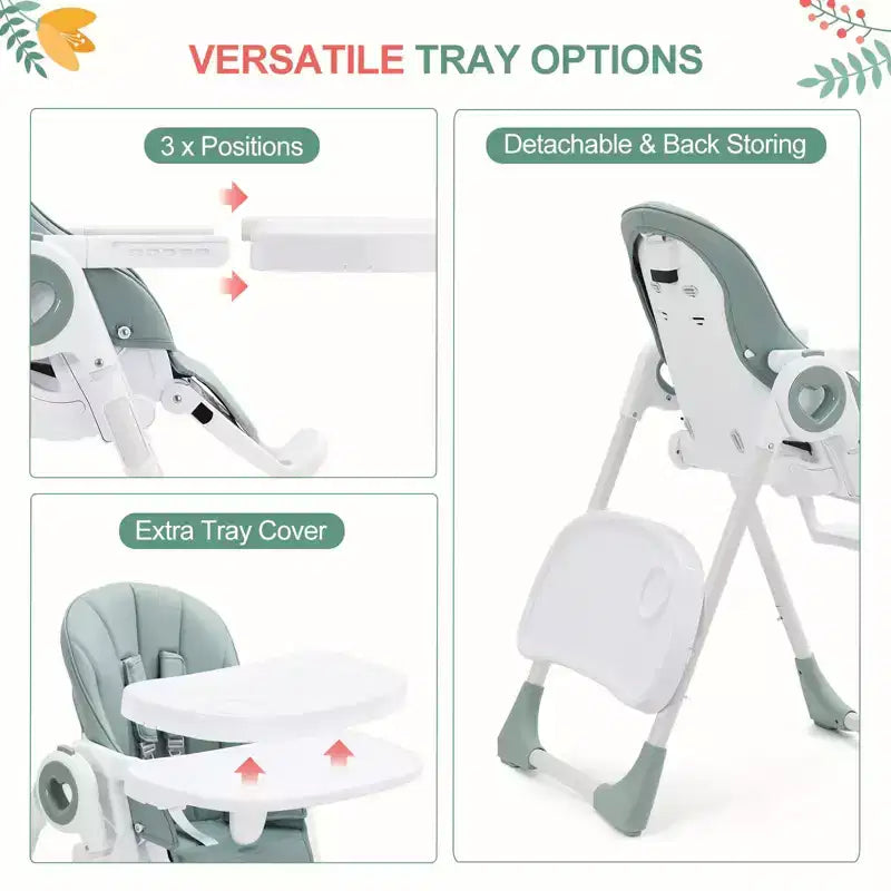 Seggiolone pieghevole per bambini, Champagne/Verde/Grigio, 5 posizioni reclinabili e 7 altezze regolabili, per 1 bambino