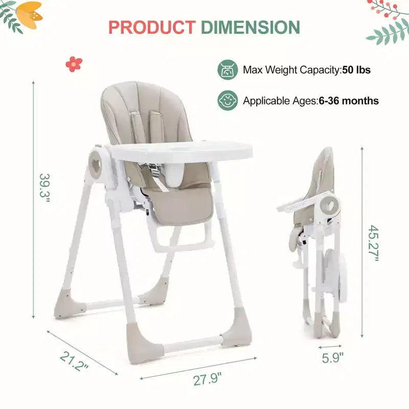 Seggiolone pieghevole per bambini, Champagne/Verde/Grigio, 5 posizioni reclinabili e 7 altezze regolabili, per 1 bambino