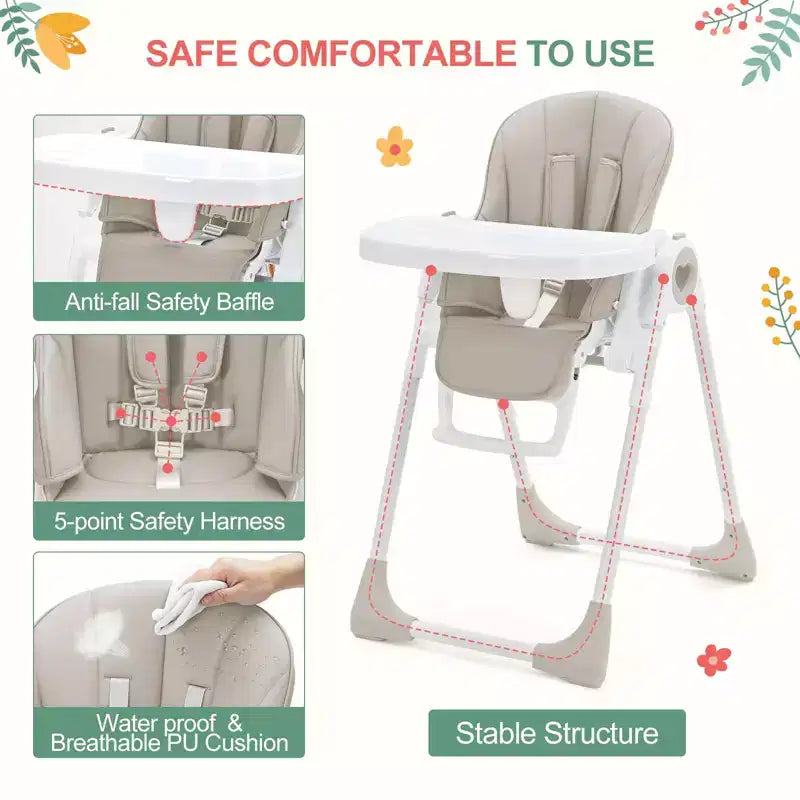 Seggiolone pieghevole per bambini, Champagne/Verde/Grigio, 5 posizioni reclinabili e 7 altezze regolabili, per 1 bambino