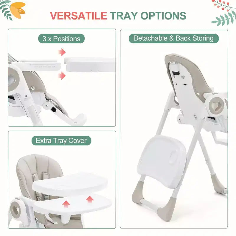 Seggiolone pieghevole per bambini, Champagne/Verde/Grigio, 5 posizioni reclinabili e 7 altezze regolabili, per 1 bambino