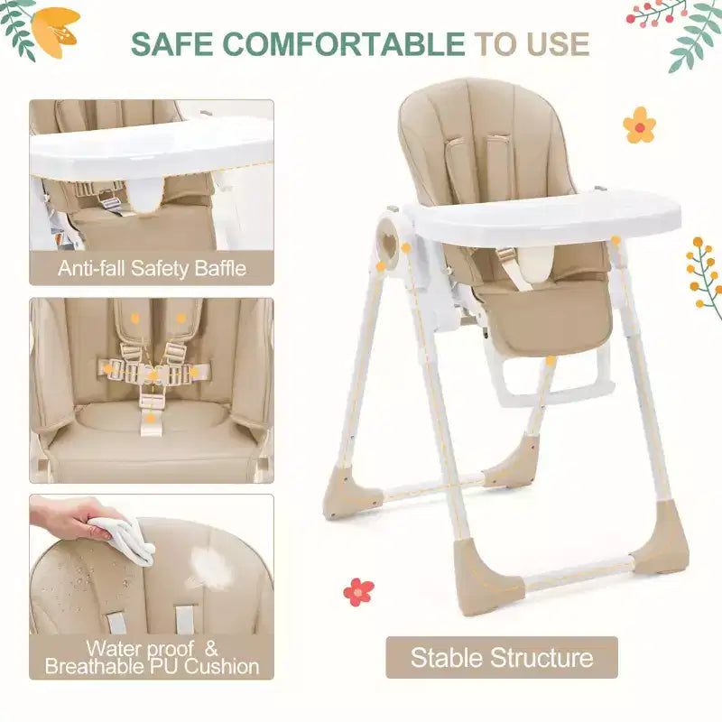 Seggiolone pieghevole per bambini, Champagne/Verde/Grigio, 5 posizioni reclinabili e 7 altezze regolabili, per 1 bambino
