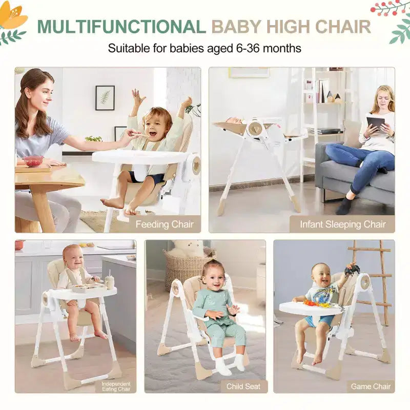 Seggiolone pieghevole per bambini, Champagne/Verde/Grigio, 5 posizioni reclinabili e 7 altezze regolabili, per 1 bambino