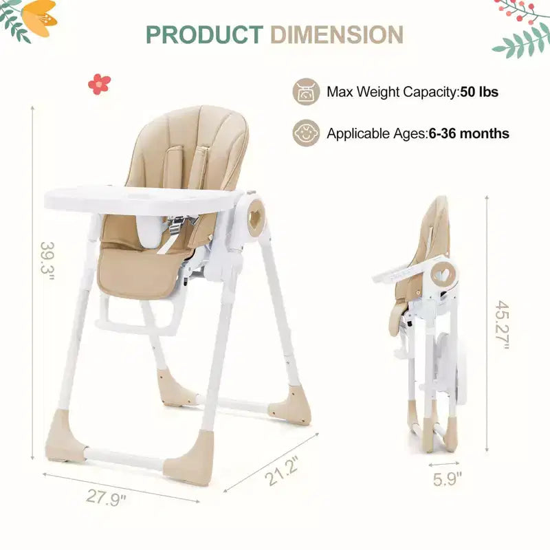 Seggiolone pieghevole per bambini, Champagne/Verde/Grigio, 5 posizioni reclinabili e 7 altezze regolabili, per 1 bambino