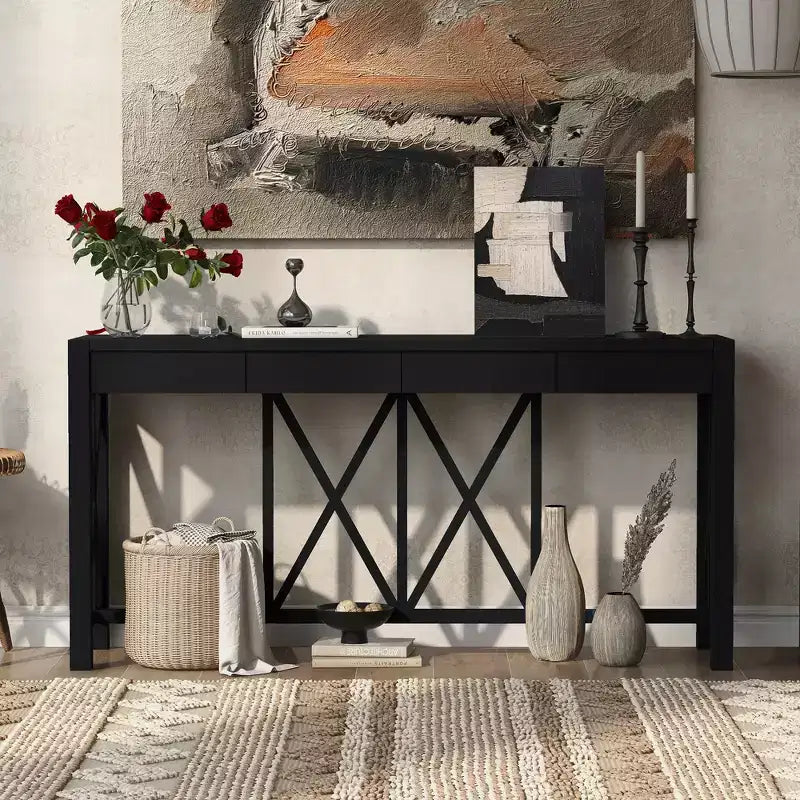 Tavolo Consolle Crisscross con 4 Cassetti, Beige / Nero / Grigio / Blu Scuro, 1 pezzo