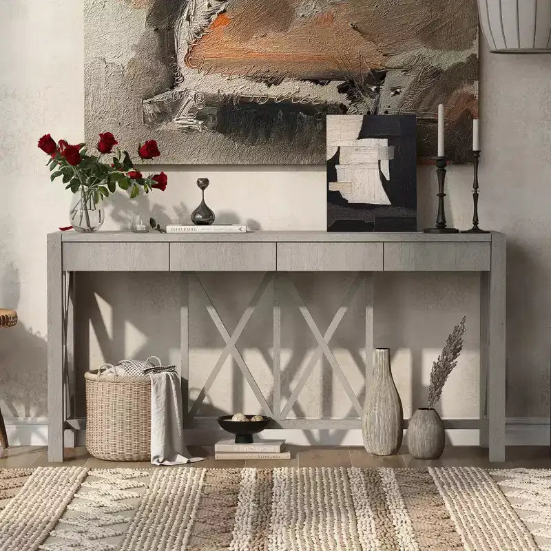 Tavolo Consolle Crisscross con 4 Cassetti, Beige / Nero / Grigio / Blu Scuro, 1 pezzo
