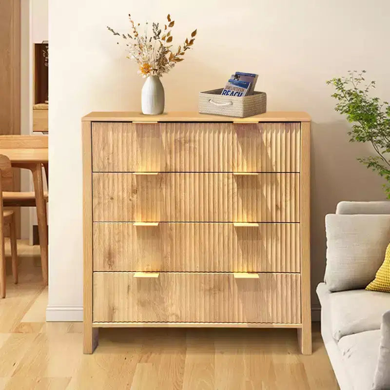 4 Drawer Dressers for Bedroom, Fluted Tall Dresser, Bedroom Chest of Drawers, Mid Century Modern Dresser for Bedroom Living Room Hallway Closet, Oak