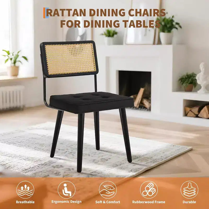 Sedia da pranzo in rattan GustoWave (2 posti), sedia vintage da sala da pranzo, nera