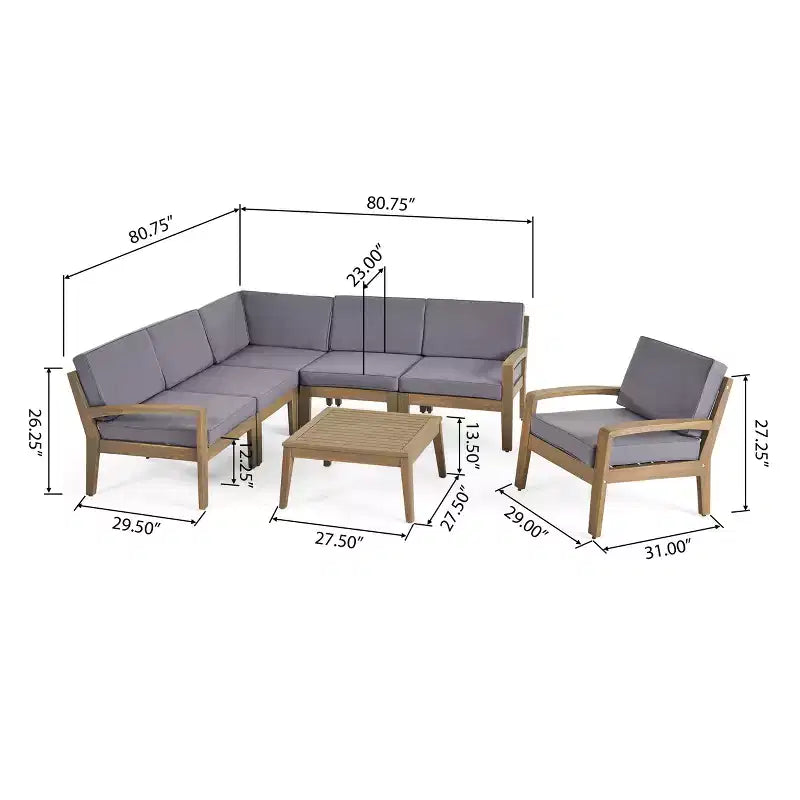 GDFStudio Parma Set Divano Sezionale a 6 Posti e Poltrona Club da Esterno in Legno di Acacia con Cuscini